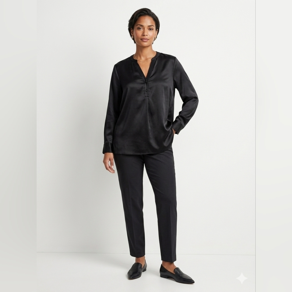 Creamy Black Satin V-Neck Blouse - Women